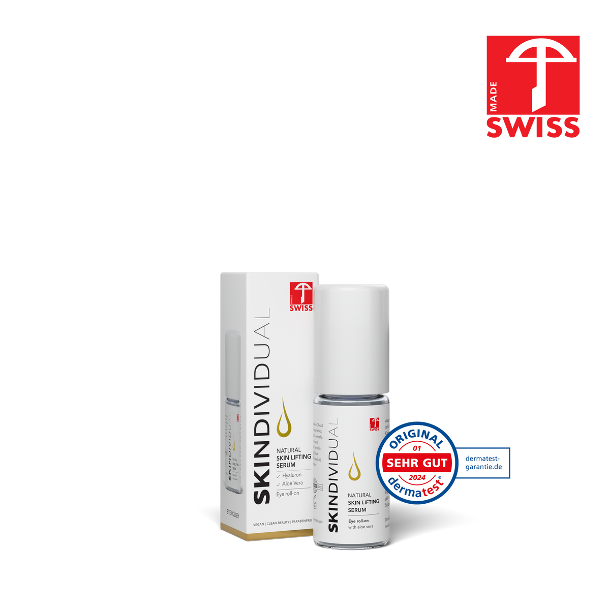 SKINDIVIDUAL Hyaluron Augengel Roll On mit Verpackung, Swiss Made und Dermatest-Siegel „sehr gut“