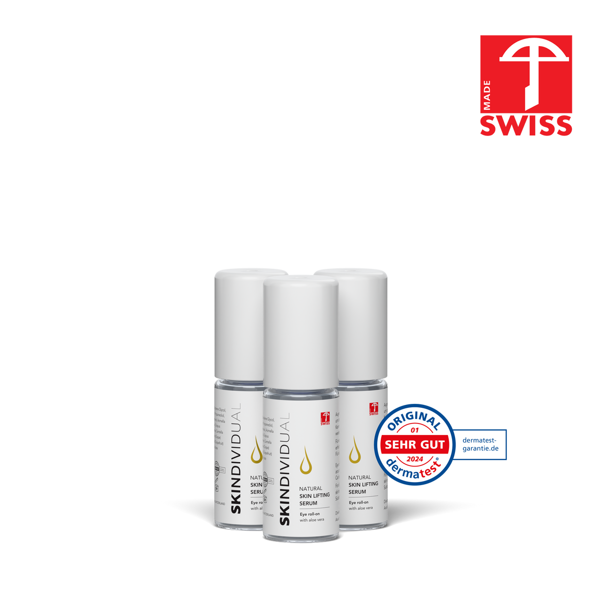 SKINDIVIDUAL Vorteilsset 3× Hyaluron Augengel Roll On, Swiss Made und Dermatest-Siegel „sehr gut“